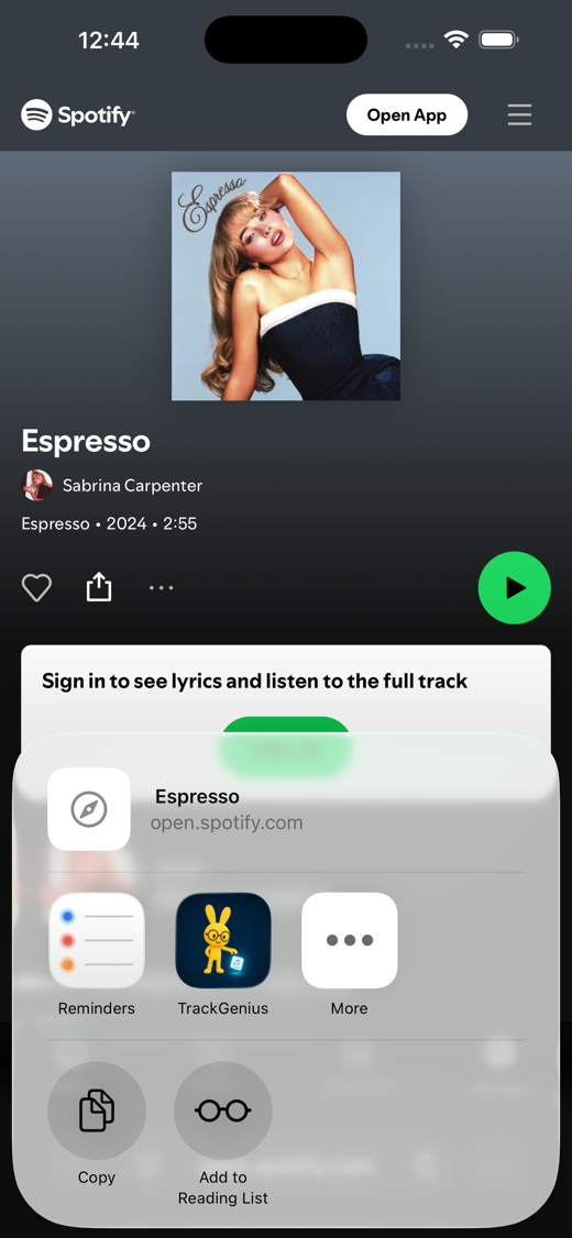 Apple Music track page with the share menu showing TrackGenius as a destination.