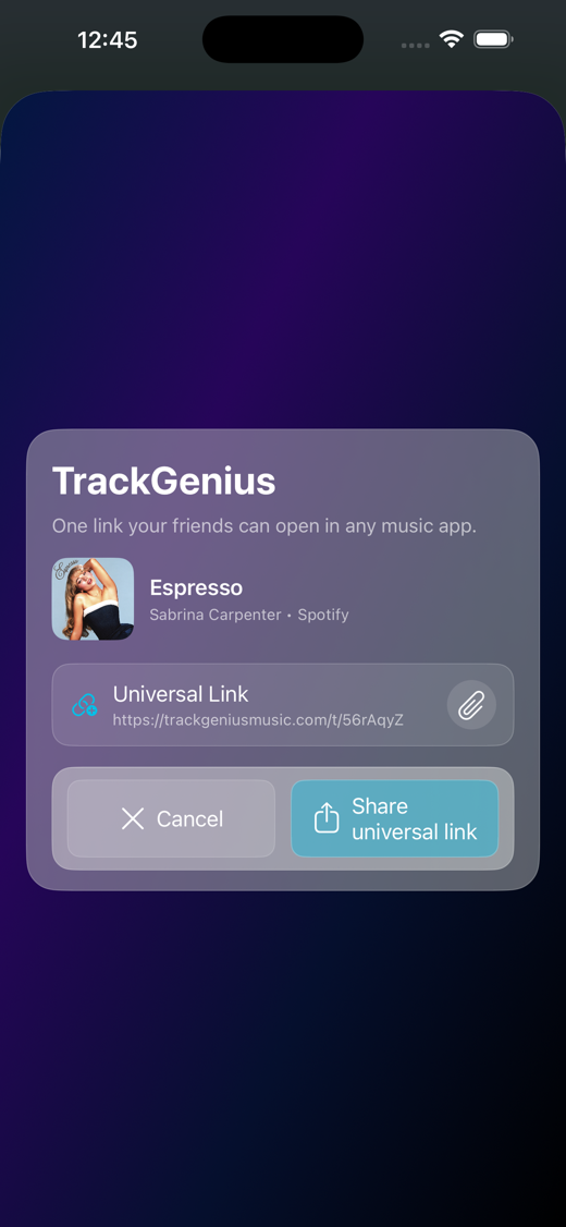 TrackGenius share screen showing one generated Universal Link ready to send.